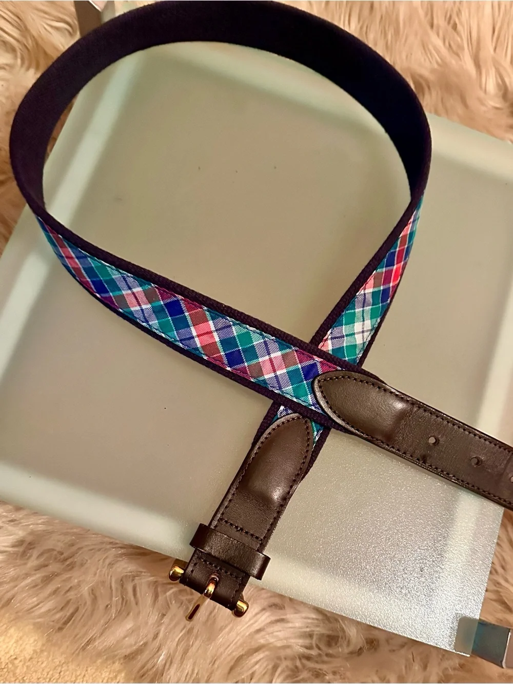 Vineyard Vines Multicolor Plaid Webbing Belt with Brown Leather Trim